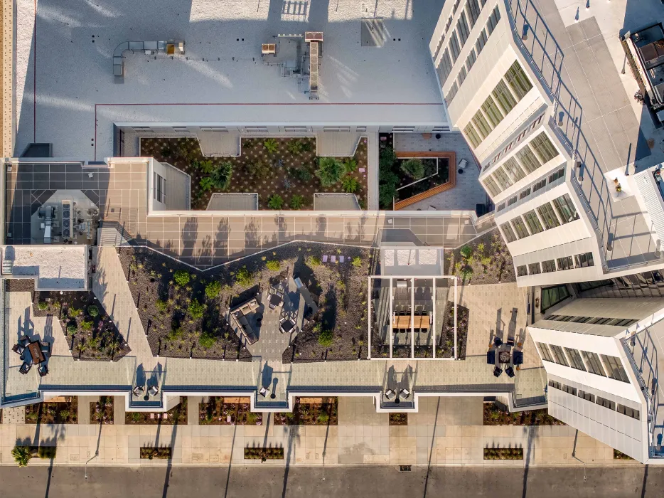 Aerial view of the resident lounge at Isle House on Treasure Island in San Francisco.