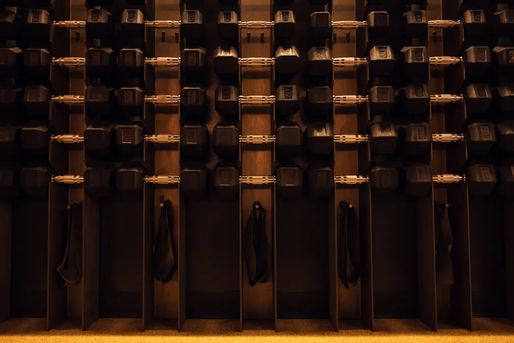 Interior view of the custom weight racks in the strength classroom at Supertone.