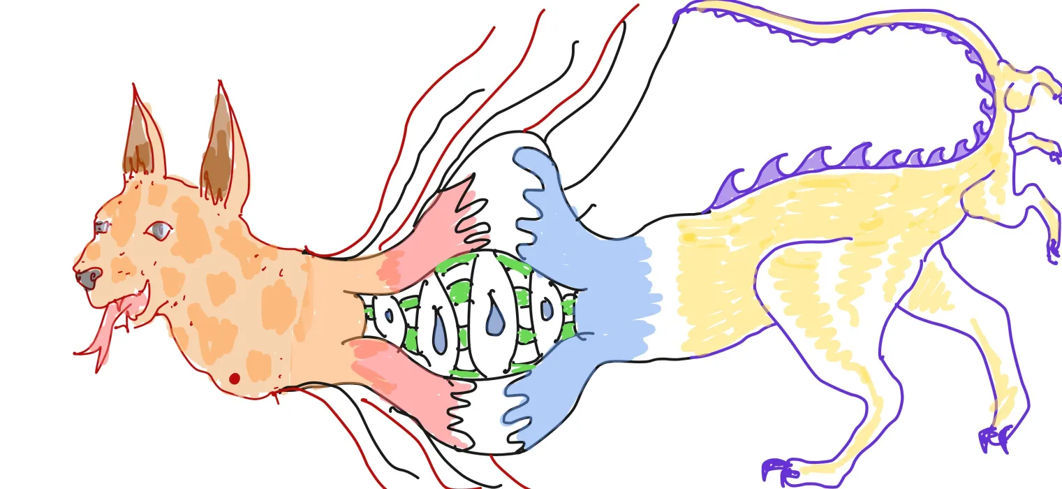 Illustration of an imaginary creature created by three artists drawing one part without seeing the other two