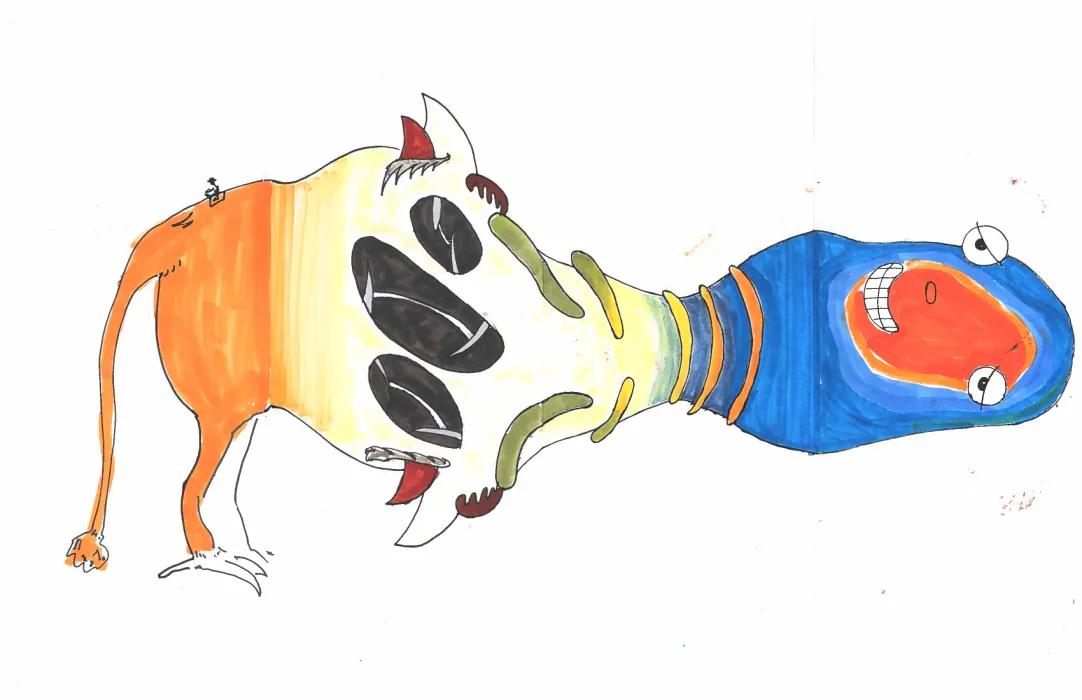 Illustration of an imaginary creature created by three artists drawing one part without seeing the other two