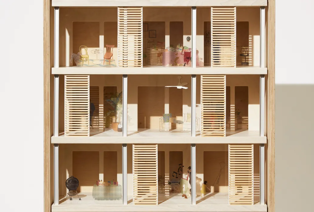 Closeup view of the model's elevation showing stacked porches