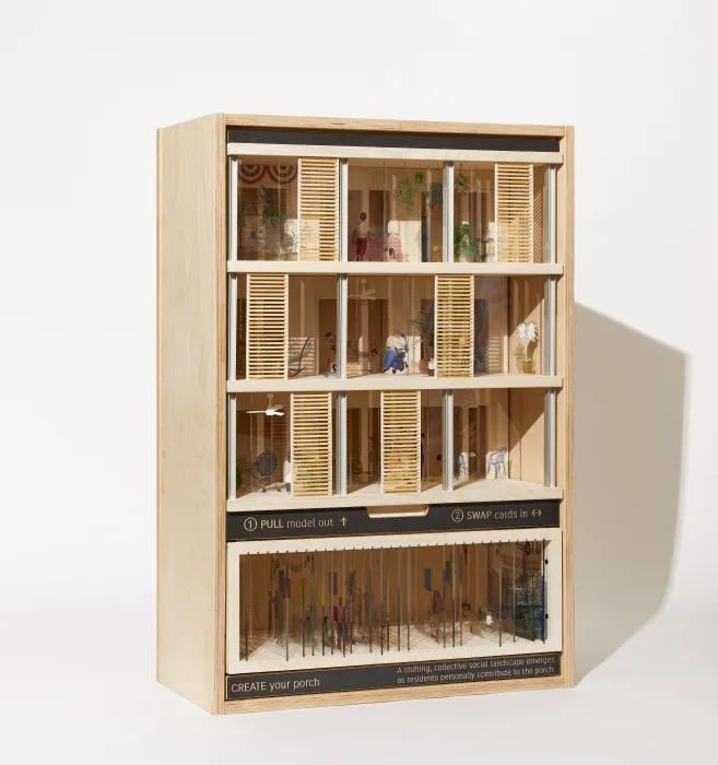 Product photography of architectural model, oblique view facing right