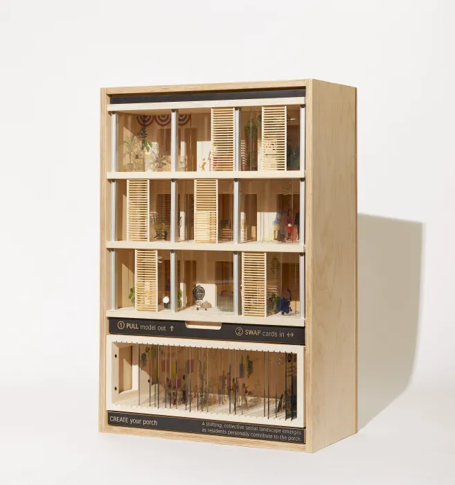 Product photography of architectural model, oblique view facing left
