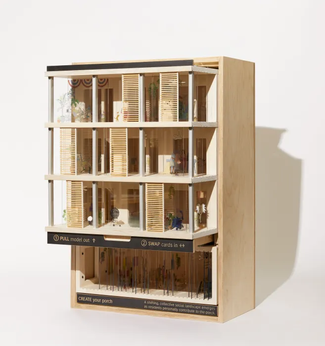 Product photography of architectural model, oblique view facing left with mechanism extended