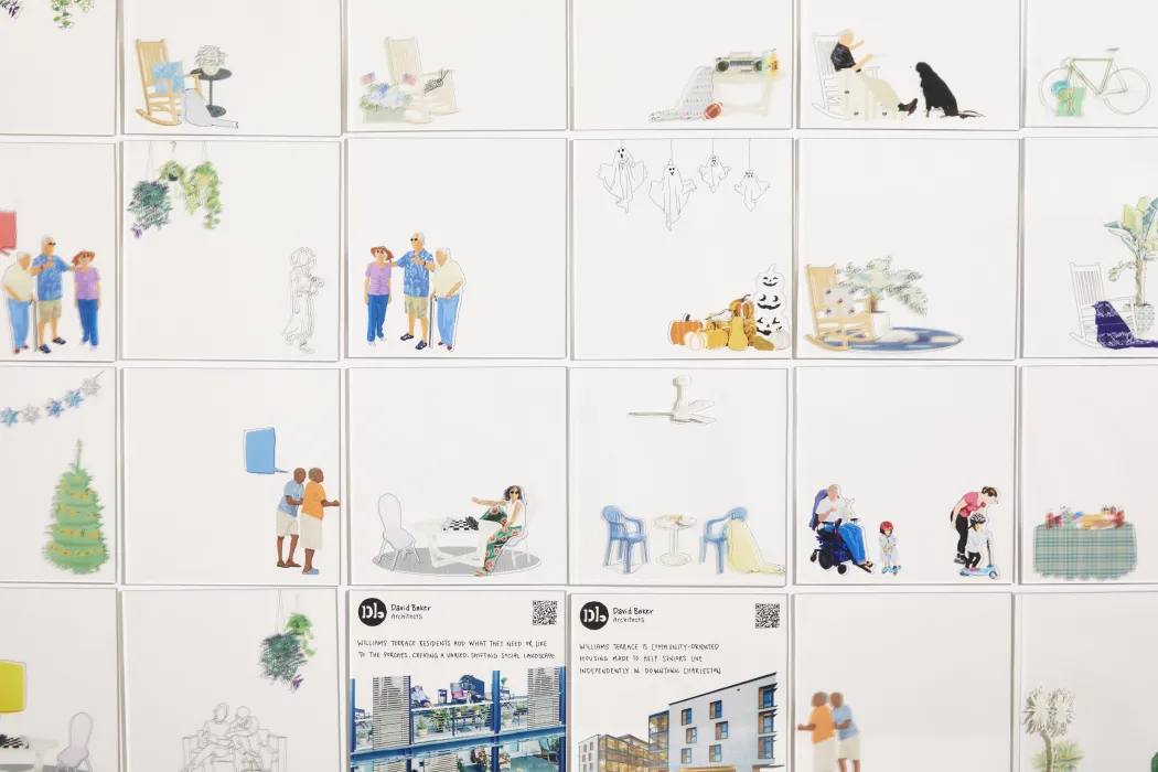 Flay lay of acrylic cards showing figures and accessories, detail