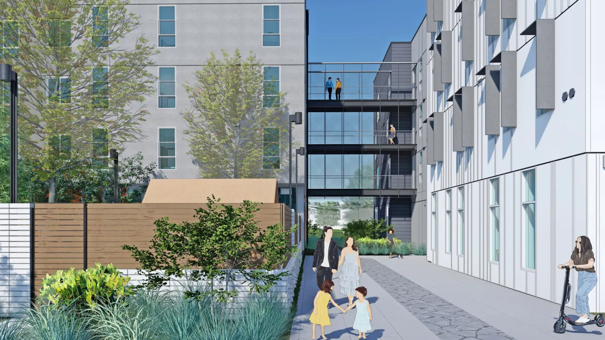 Exterior rendering of the fire lane at Midway Village Phase 2.