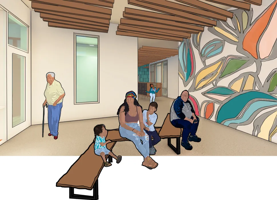 Rendering of the entry lobby at Midway Village Phase 2.