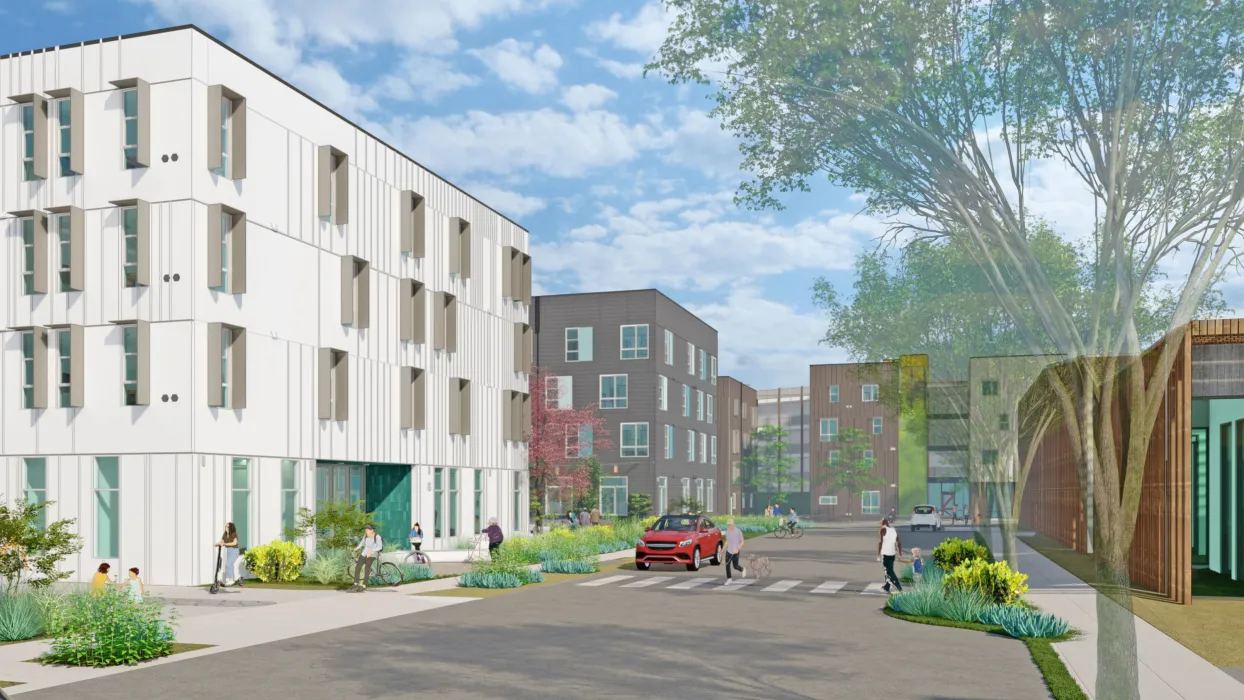 Exterior rendering along Partridge Street at Midway Village Phase 2.
