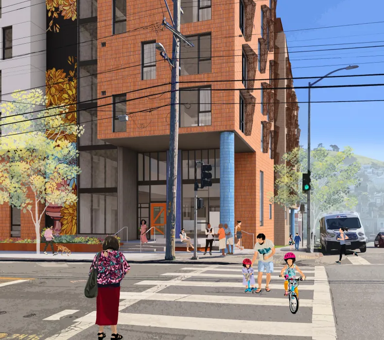 Exterior rendering of the entry to 1515 South Van Ness.