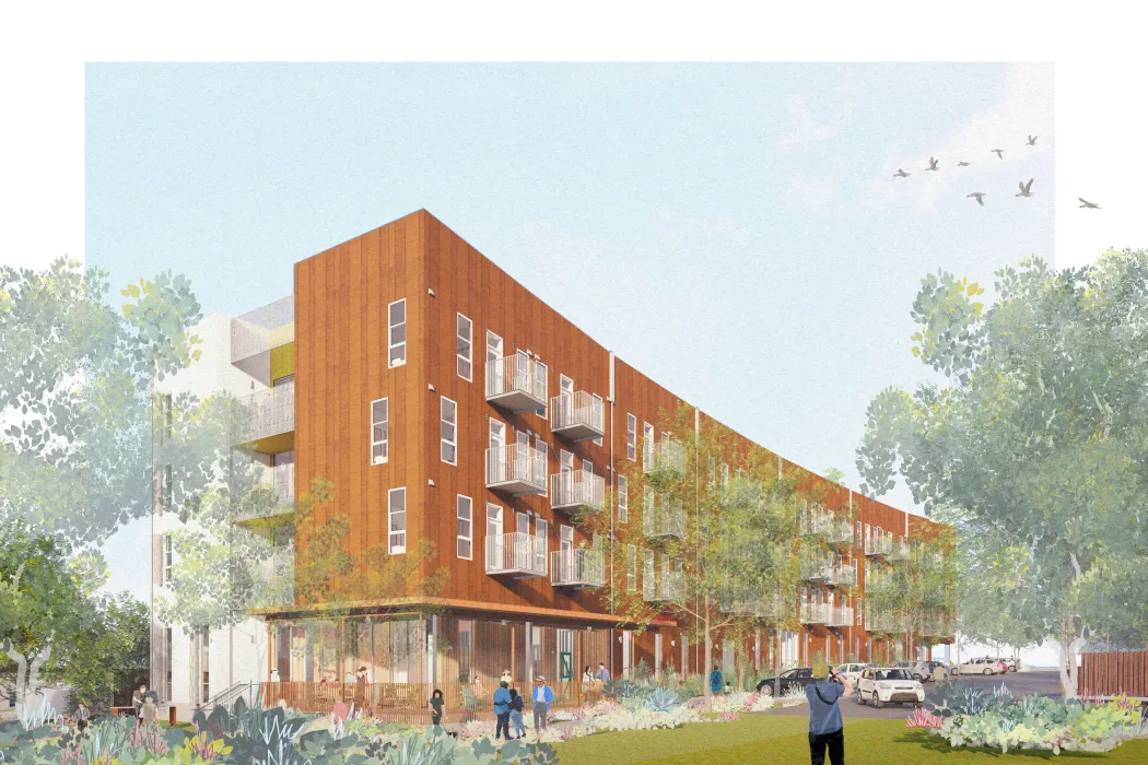 Exterior rendering of the corner of Mercury Courts PSH.
