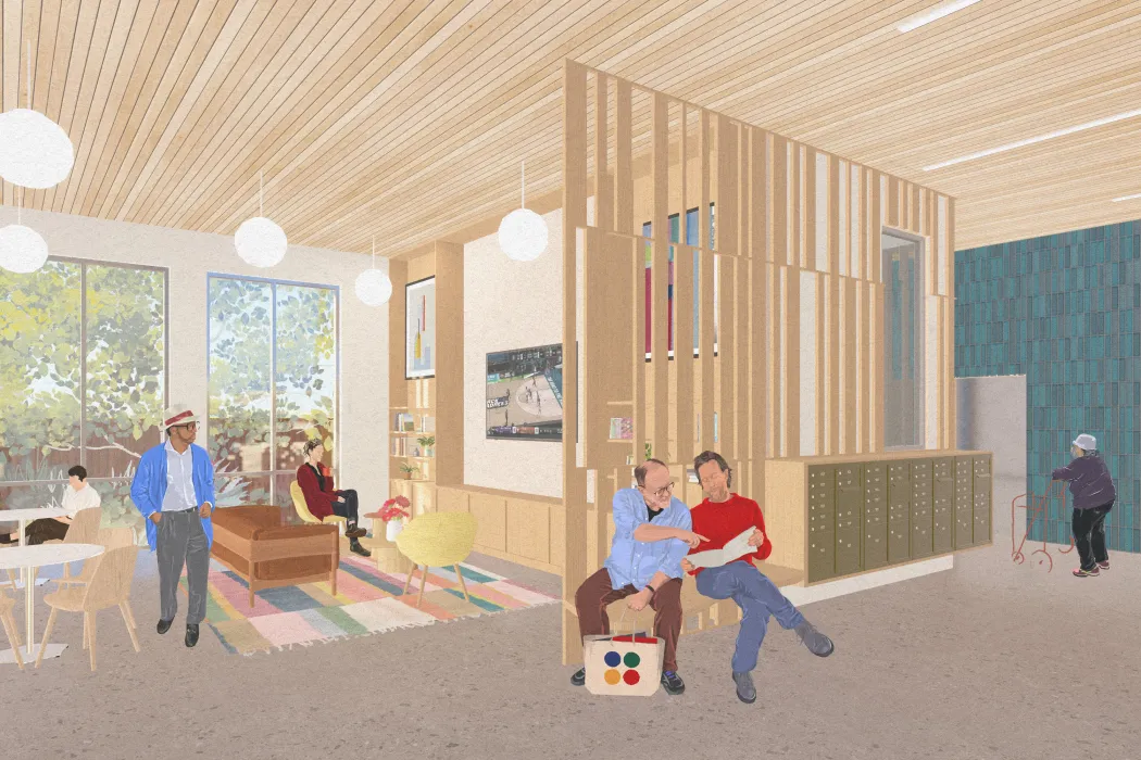 Interior rendering of the west lobby at Mercury Courts PSH.