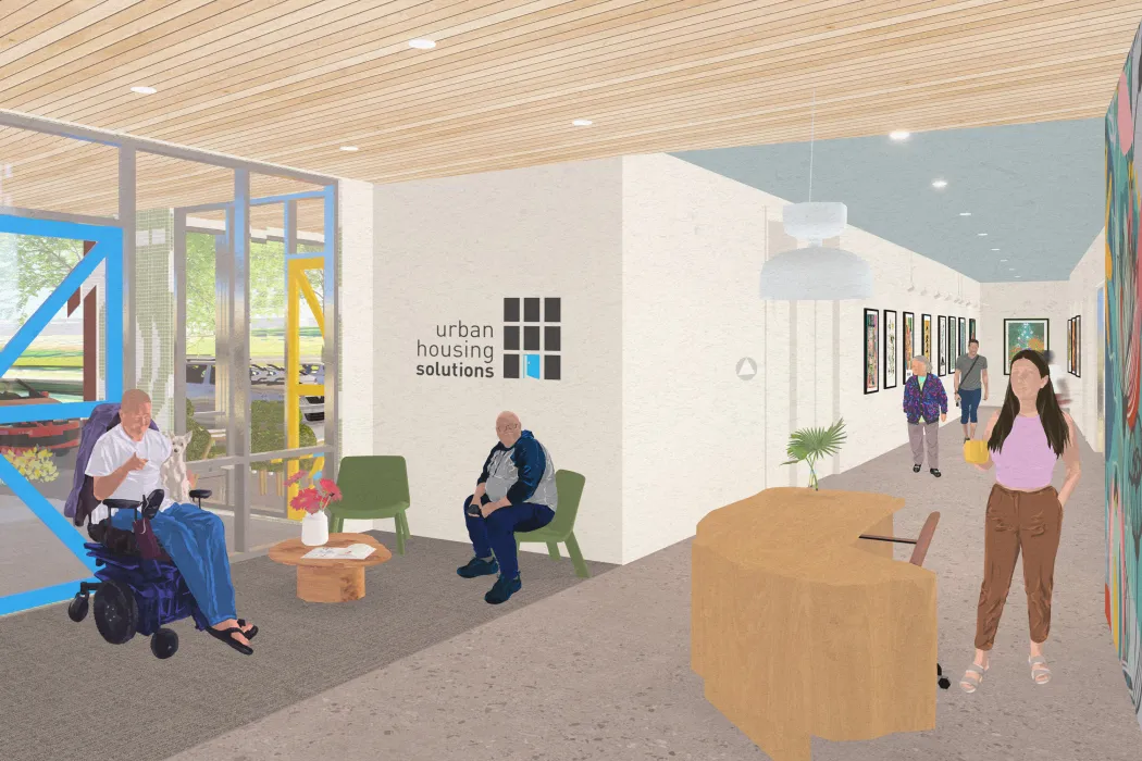 Interior rendering of the offices corridor at Mercury Courts PSH.