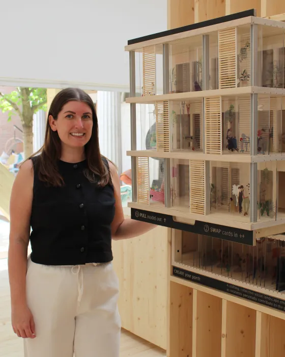 Woman standing next to "Exquisite Porch"