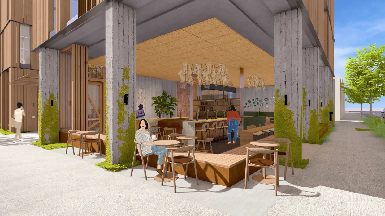 Exterior rendering view looking into the restaurant at HH Residences.