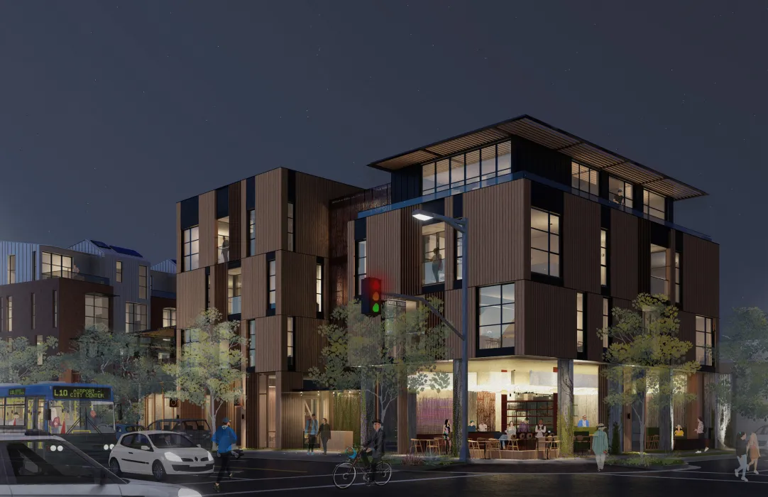 Rendering of the exterior street view of HH Residences from south west at night.