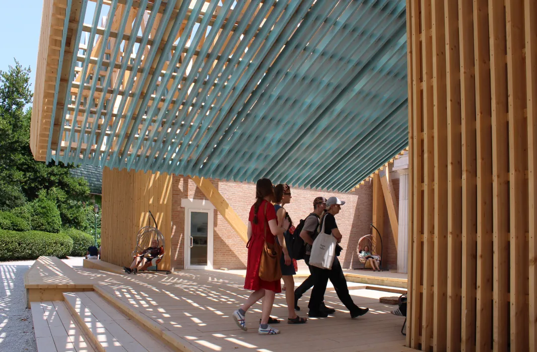 Exterior porch shaded by a light blue lattice