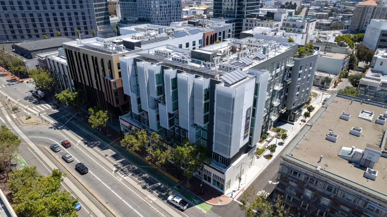 Aerial view of a city block along Market Street in San Francisco.