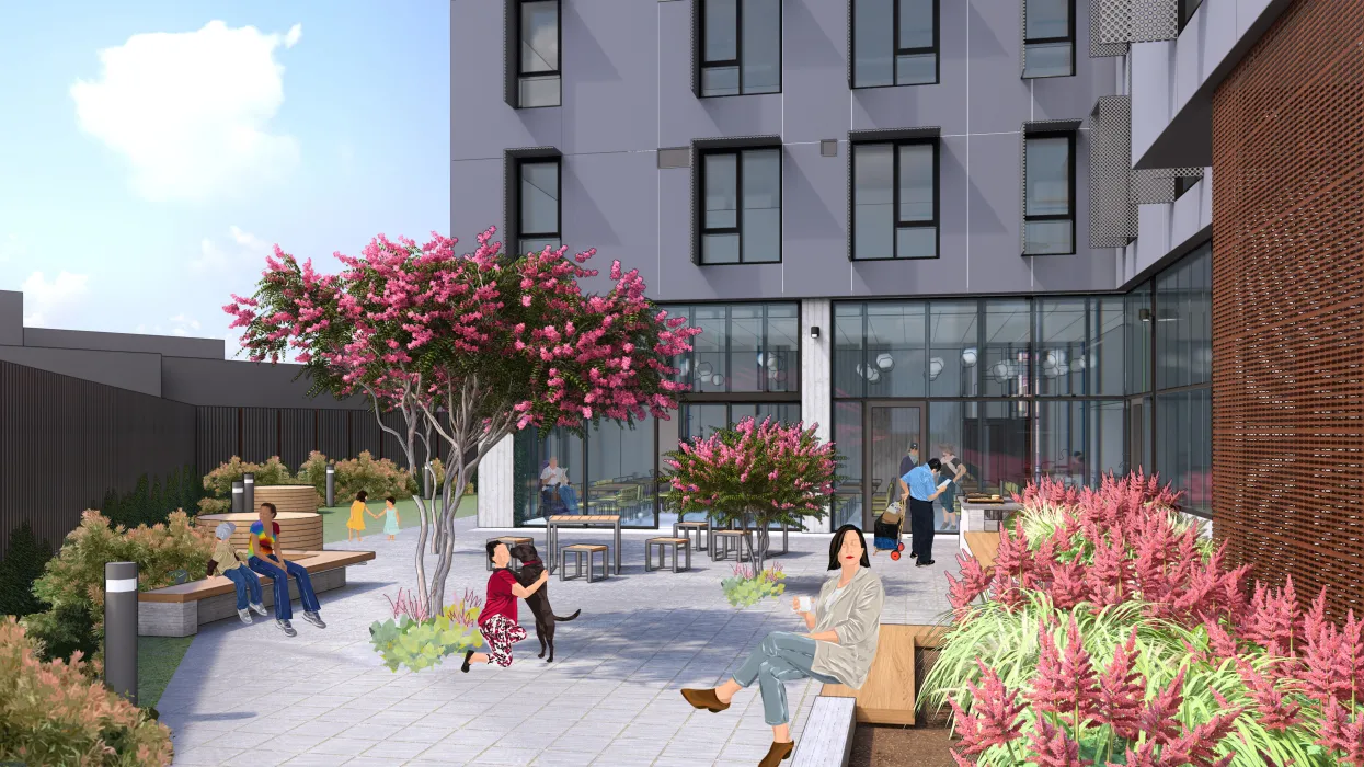 Rendering view of courtyard with flowering tree and benches