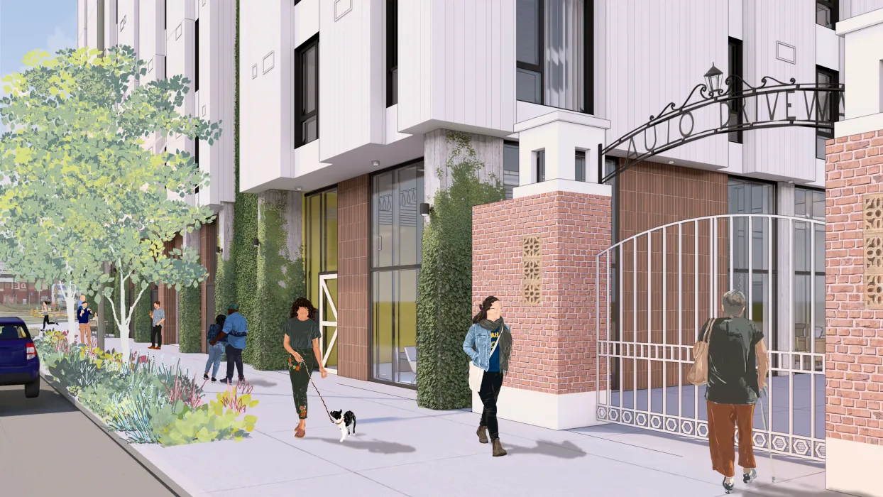 Rendering view of sidewalk and building front gate
