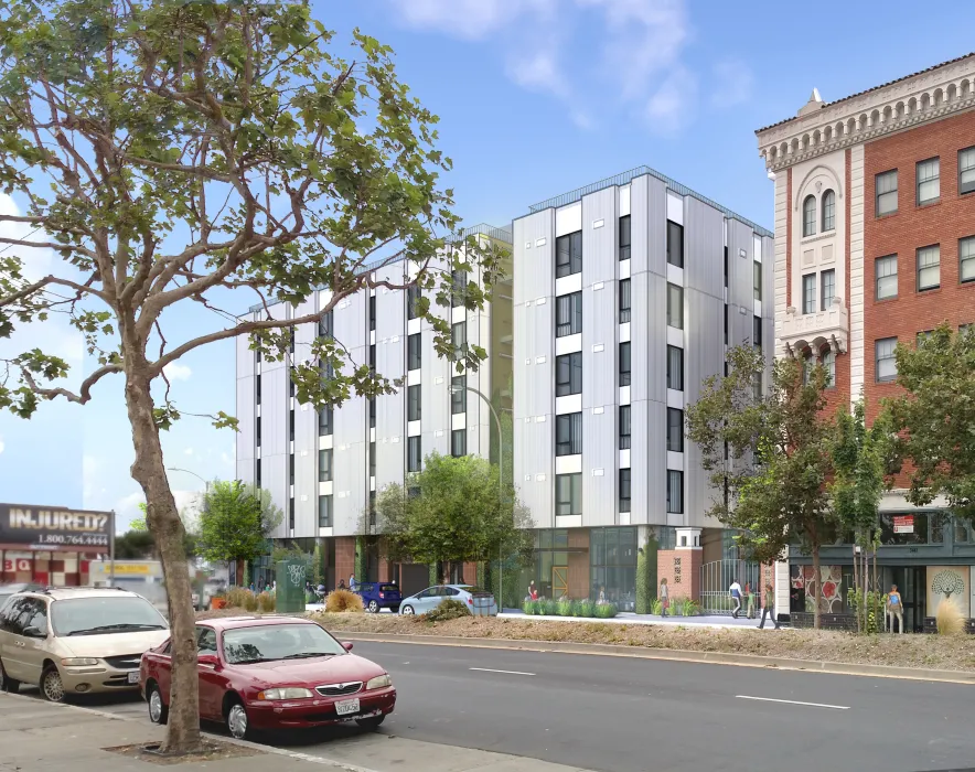 Rendering view of building elevation from across street