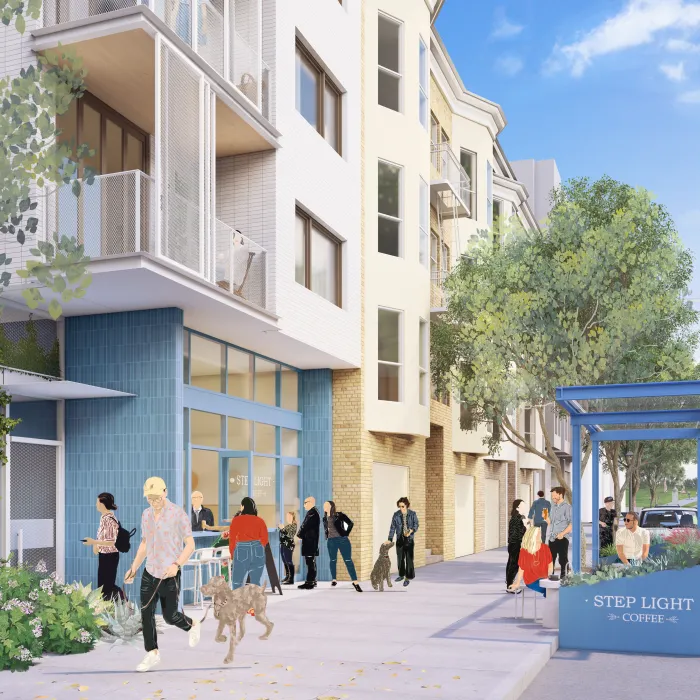 Rendering of apartment building at street level with people