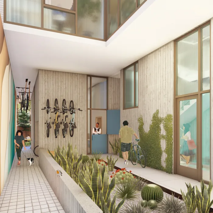 Rendered interior rendering showing bike storage