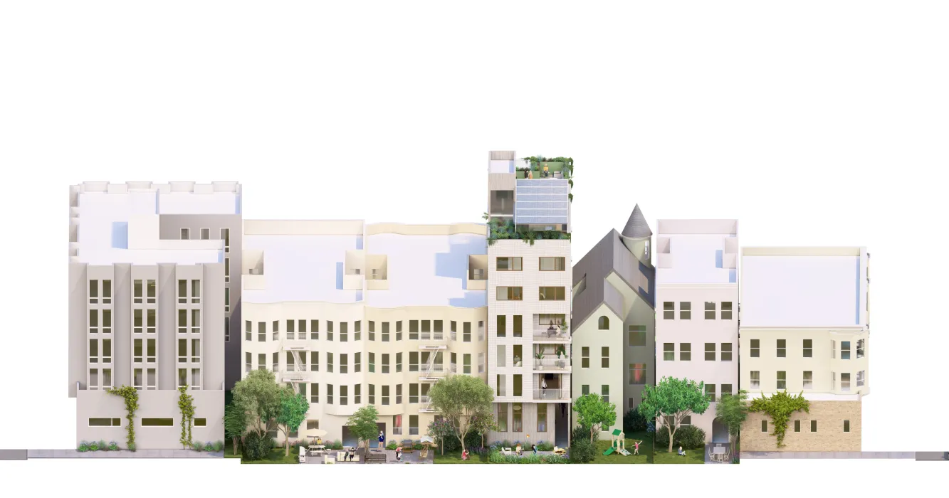 Rendered view of full street showing mid-block mid-rise building