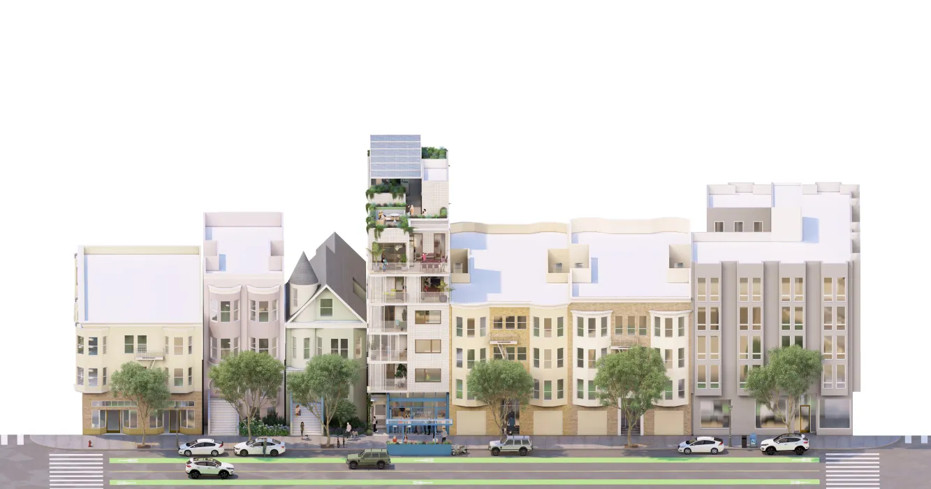 This street view shows the new mid-rise building on its block