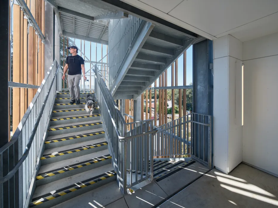 Man and dog descending open air staircase with decorative wood slats
