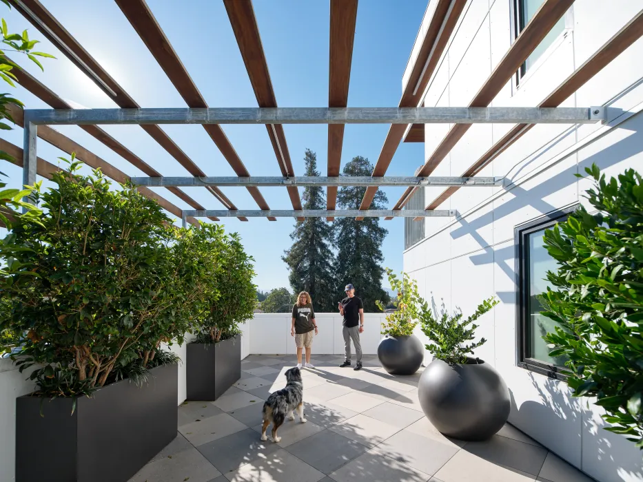 Two people and a dog on a patio with planters and a wood trellis overhead