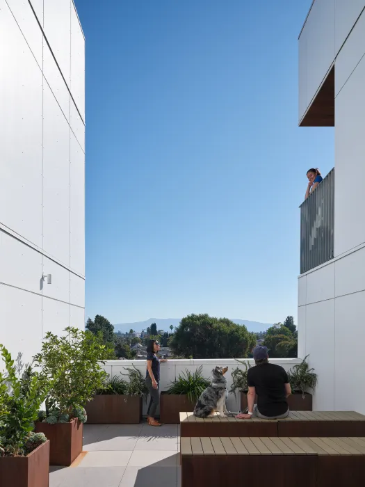 Patio view of two people with a dog talking to a woman on a balcony above