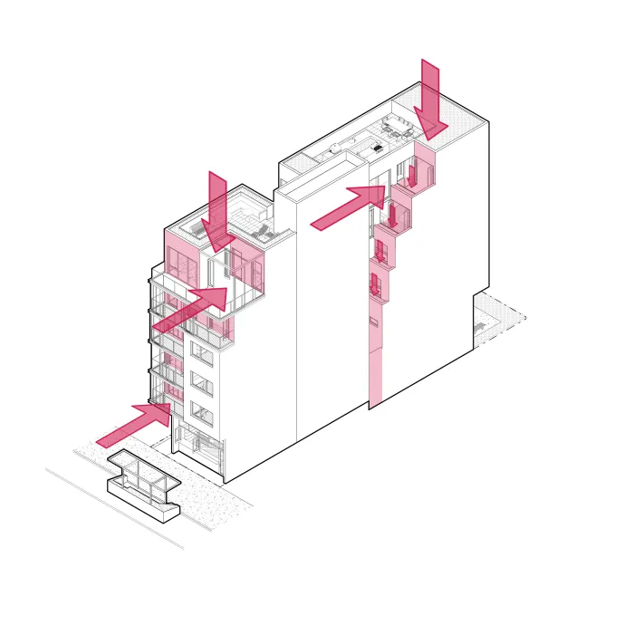 Axonometric view shows single stair circulation and balcony setbacks