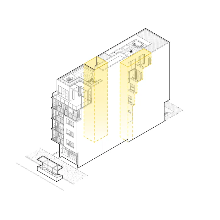Axonometric view shows the light wells through the building