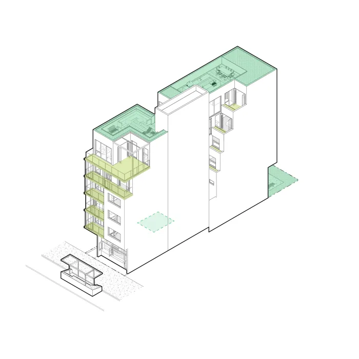 Axonometric view shows the open spaces on roof and at street-facing balconies
