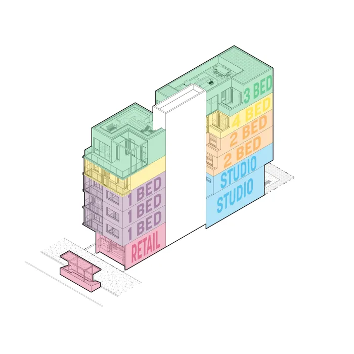 This axonometric view shows the different unit types