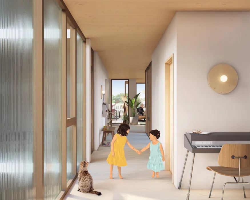 A rendered interior view shows the light well and a view through the apartment to the outside