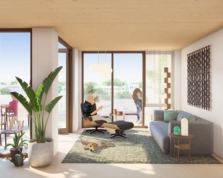 This rendered interior shows floor to ceiling windows in a living space