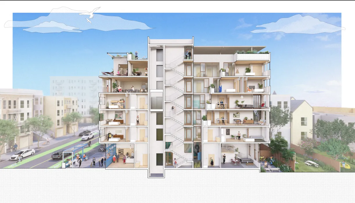 The building section shows the units and the stair and lightwell