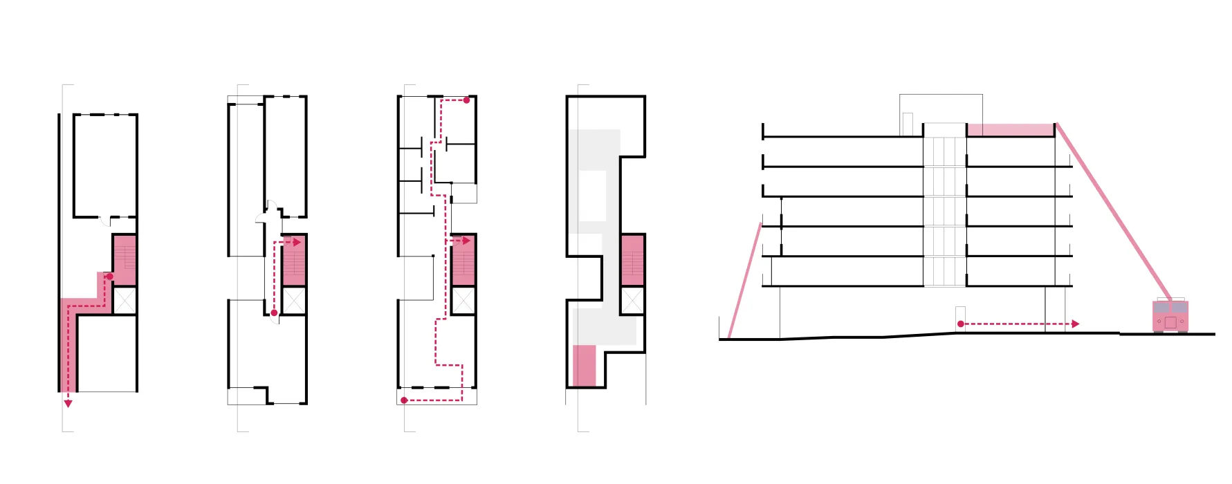 These diagrams show stair access and building egress for life safety