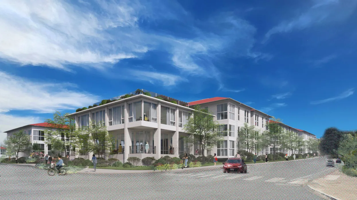 Rendered corner view of adaptive reuse project