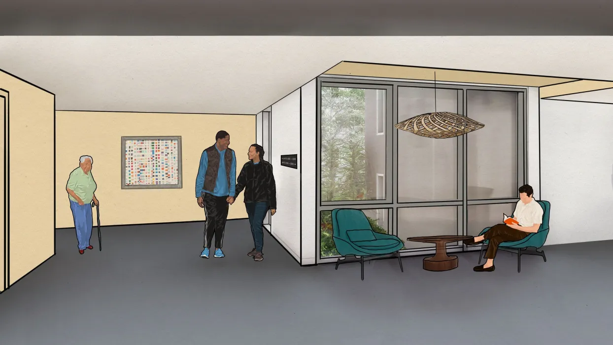 Rendering of hallway inside apartment building with seating and wide corridors