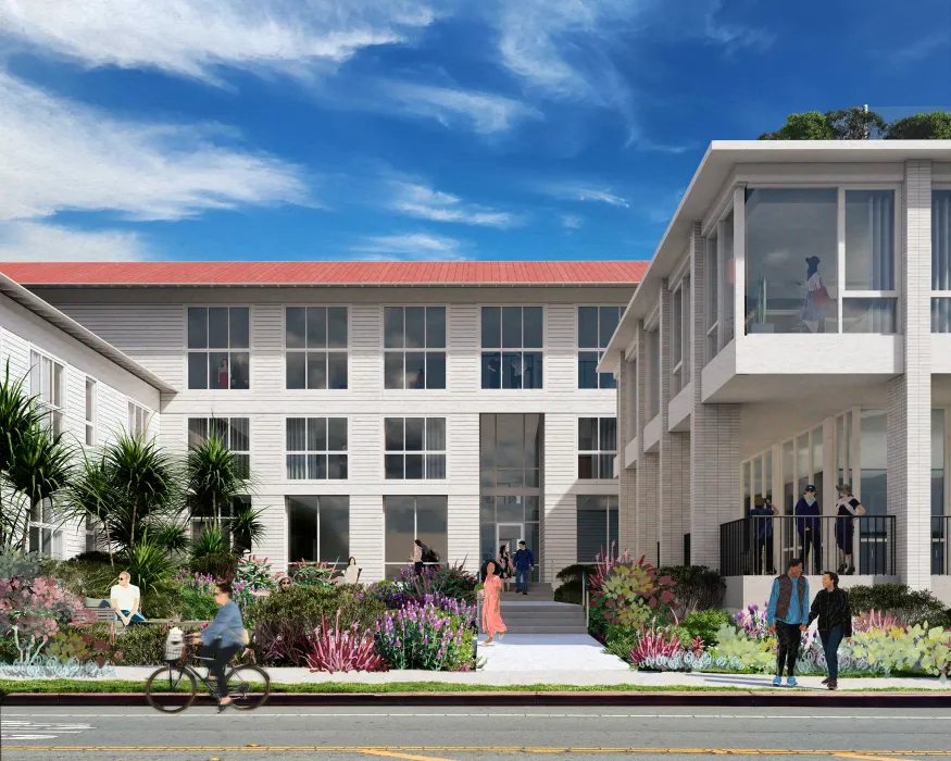 Rendered image of white 3-story building with red roof