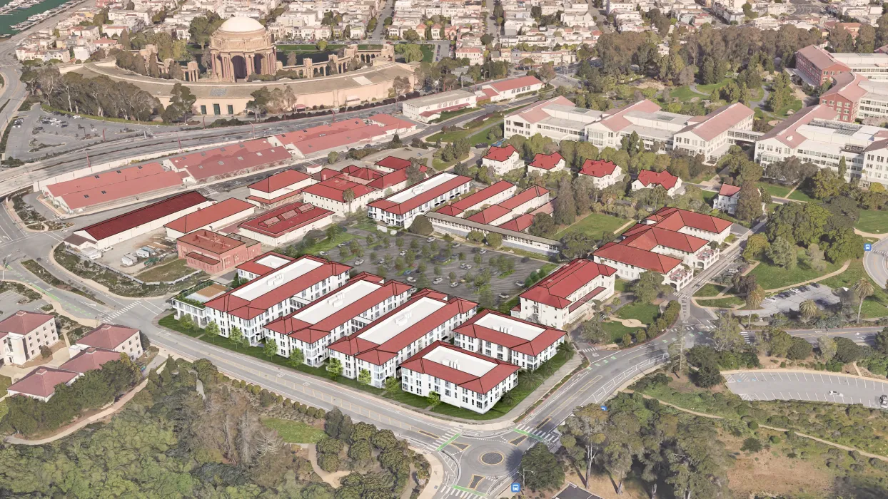 Aerial rederened view of reused buildings as apartments with red roofs