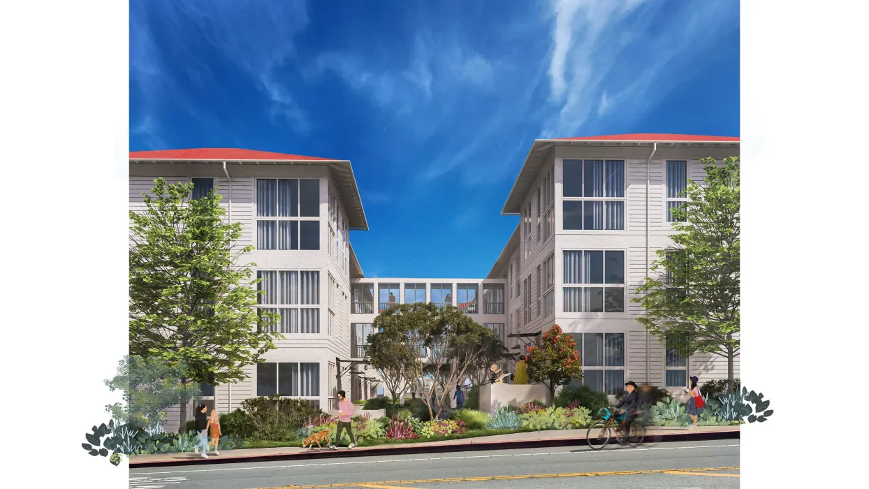 Rendered view of two apartment buildings and courtyard between