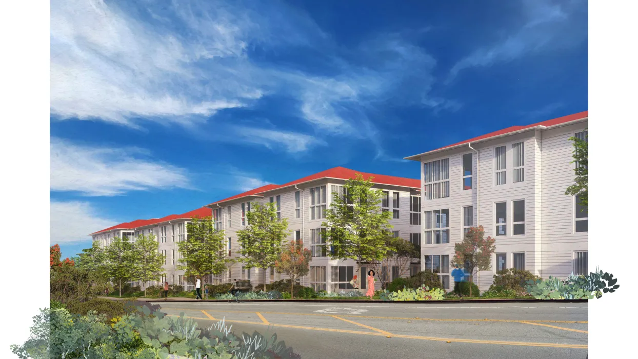 Rendered street view of apartment buildings from Girard Road