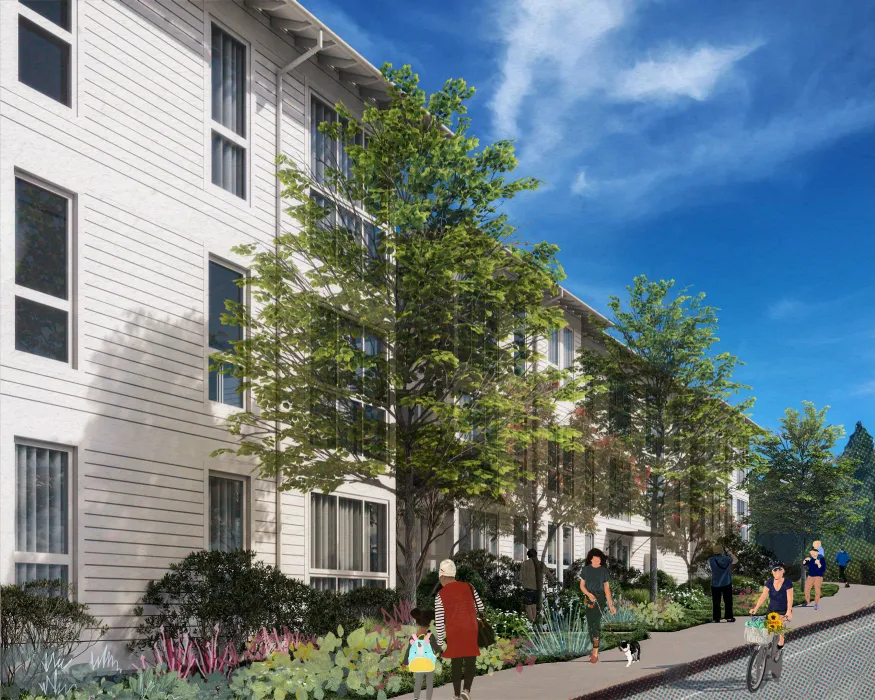 Rendered view of apartments along Girard show vegetation and pedestrians
