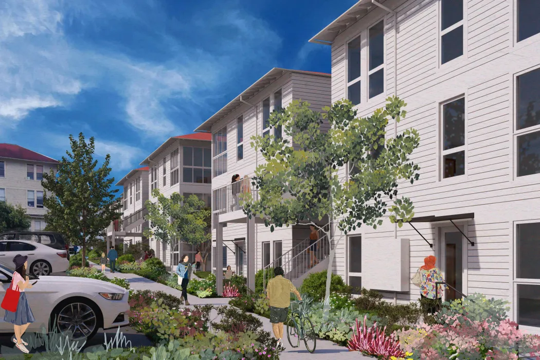 Rendered view of white apartment building shows exterior stairs