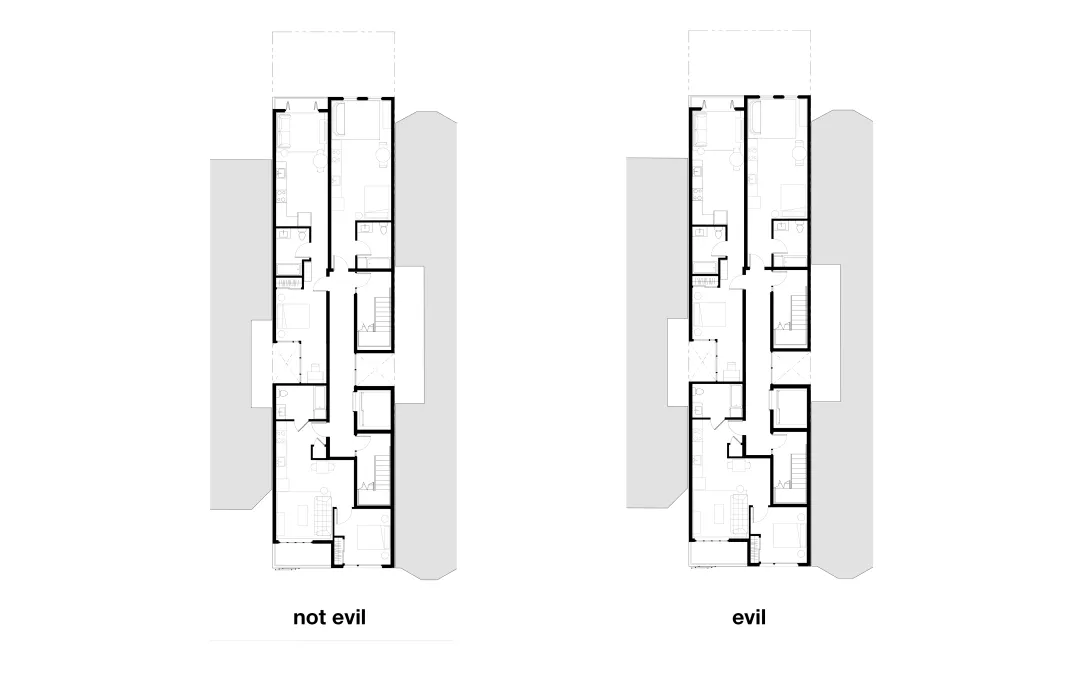 Plan view of two apartments showing layout difference with single stair and not - level 2