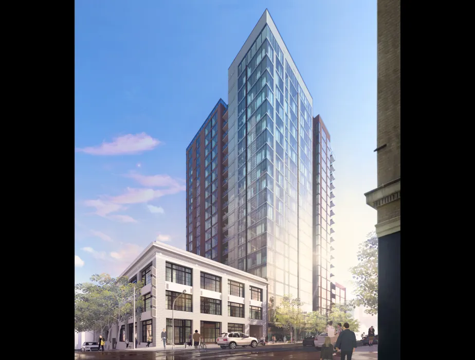 Mid rise building with attached adaptive reuse building