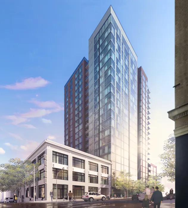 Mid rise building with attached adaptive reuse building